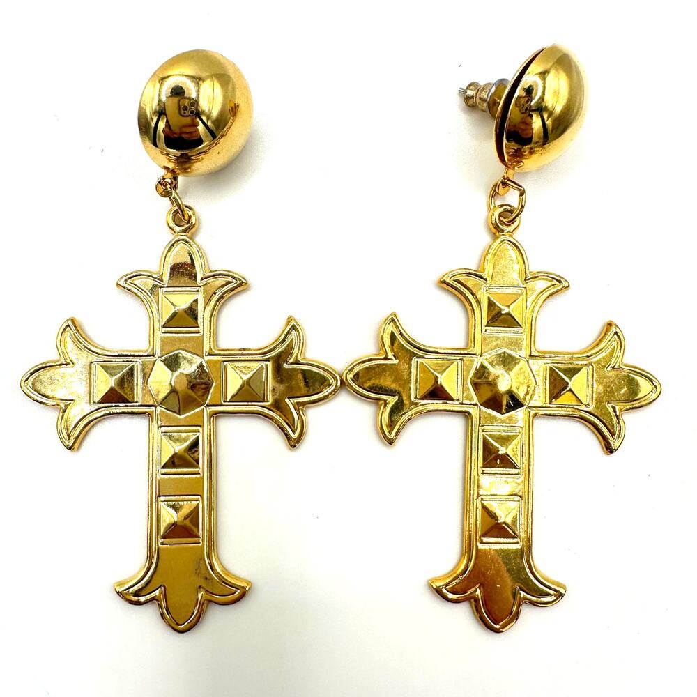 Vintage gold tone dangle drop cross domed post statement earrings 3"